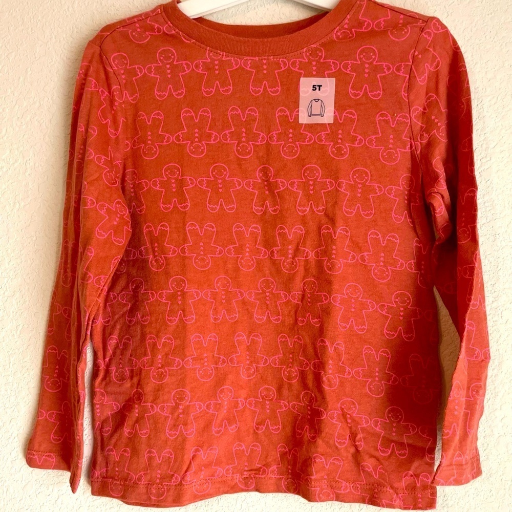 Old Navy Kids Long Sleeve Shirt - Red with Pink Gingerbread pattern size 5T